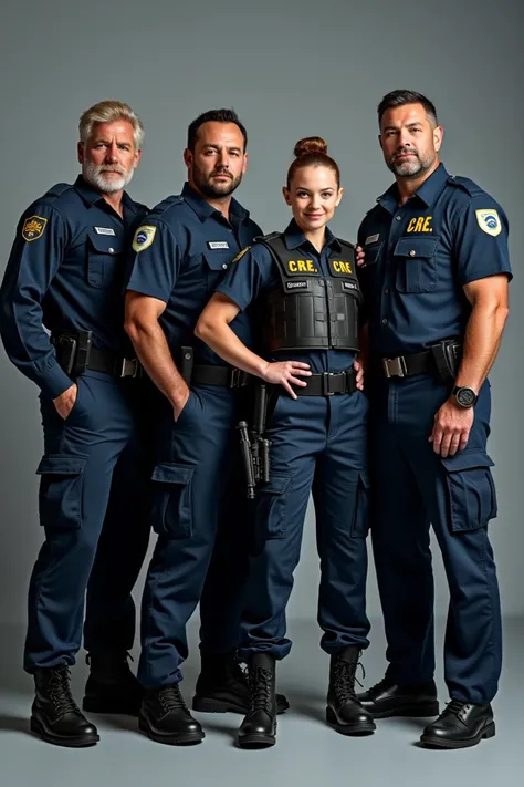  Security guards 3 men with a different face from the other ,  one 35-year-old blonde, the other 45-year-old dark brown and the other younger, just 25 years old, with a strong body and a very hot sculptural woman with short hair,  all wearing a dark blue u...