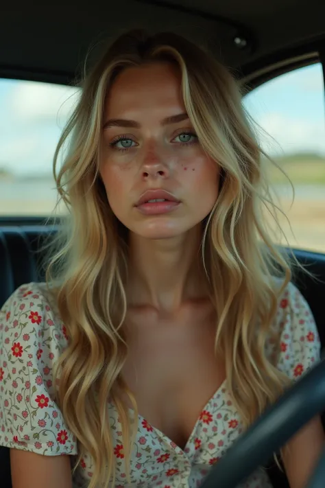 Produce a highly detailed image of a young Irish woman with long, wavy blonde hair sitting inside a vintage car. Her hair cascades over her shoulders, framing her face which is adorned with delicate freckles. She wears a floral dress with a pattern of smal...