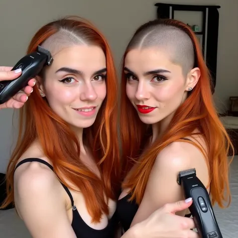 Twin women with long black hair, (((they are half way through shaving each-others heads to completely bald))), parts of their heads are shaved bald. ((They are looking at the viewer excitedly)), (((each is holding a hair clipper to the others head, shaving...