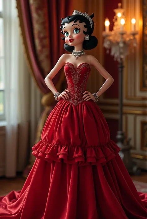 Betty boop,  Wear French Noble Velvet Dress Skirt，Date Red ， Premium French Embroidery on Skirt ， Layered Folds Down Skirt ， French Royal Noble Style ， Wearing Diamond Earrings ，necklace，Bracelet， Diamond Headband on Head ， Left Hand Bending at Waist ，Fren...