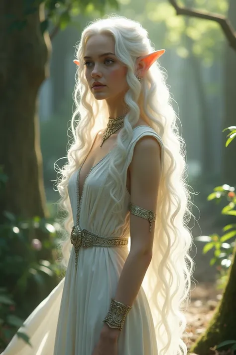 Imagine an adult elf with curly white leg-length hair,  white crystal eyes an elven white dress Thranduils wife from the movie Hobbit