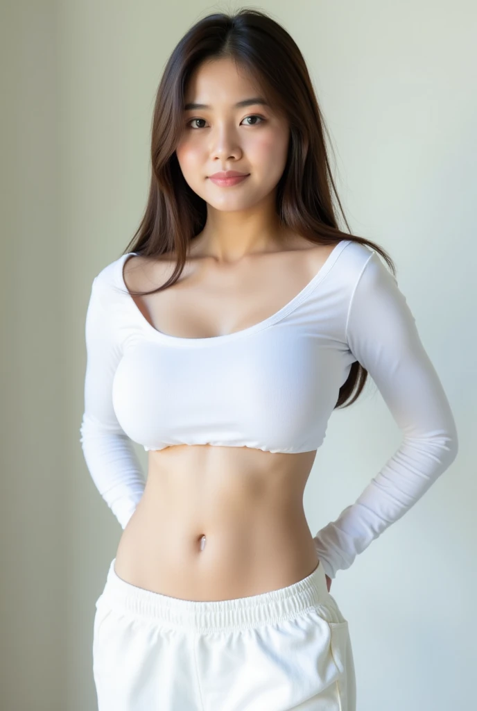 A full-body of a Thai woman wearing white sweatpants and a form-fitting, long-sleeve white top that reveals her midriff.
. Anatomically Correct, Big breasts, Simple background, Cowboy Shot,