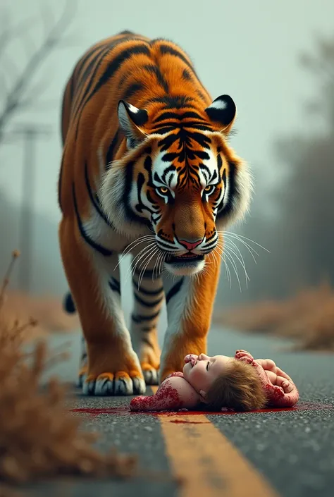 A tiger in the road is crying after seeing the death of its cub Give a picture of the tiger cub with only blood and blood on its body