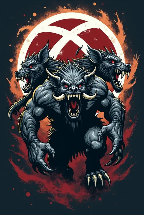 Logo for the rugby team .  In which a rat ogre of chaos emerges,  a troll of chaos and an ogre of chaos . Add the 8-pointed chaos symbol in the background.