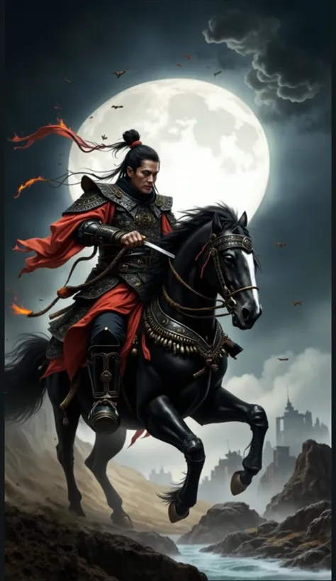 Full body, an ancient Chinese General, skin dyed with smoke and fire, hair tied into a slightly messy bun in front, holding a large sword flaming red like blood, red fire, (((wearing a red cloak))), many pieces of black armor, dark fantasy, iron armor shin...