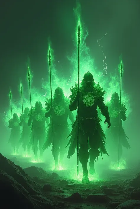 Create for me a phalangue of shields and spears made of green energy 