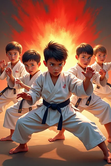 Make a Karate banner where several boys showing different types of karate art