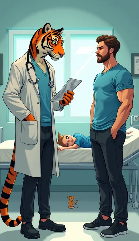 "Illustrate the tiger-human hybrid doctor holding a medical bill and asking for money from the muscular male cat. The tiger doctor wears the same white coat, stethoscope, and black shoes, with his tiger face showing seriousness. The male cat, in his sky-bl...