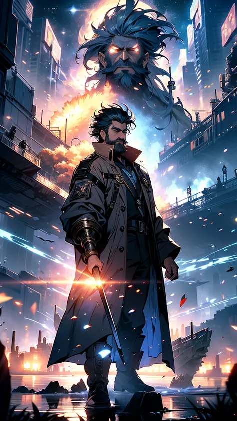 “Zeke is a weathered, charismatic leader of the nomadic space fleet. He is middle-aged, with a strong, determined face framed by a short, well-kept beard. His long coat, made from durable, weathered material, flutters slightly in the wind as he stands on t...