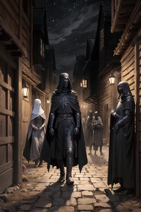 medieval,  thin ghosts wearing black cloak and black robe,  in wooden village with mud on the streets, night, Surrounded by Knights 