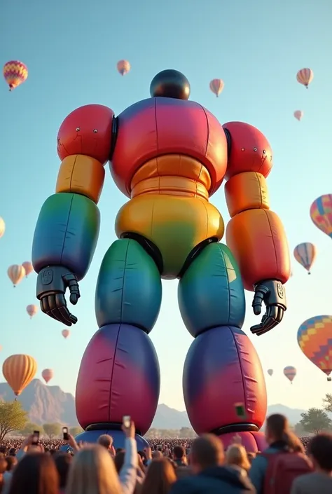 A giant robot transformed from a hot air balloon, rendered in 4K quality with a 3D style. The robot’s torso is shaped like the fabric of a hot air balloon, with a large, rounded structure. The entire robot is adorned with a rainbow-colored gradient, with e...