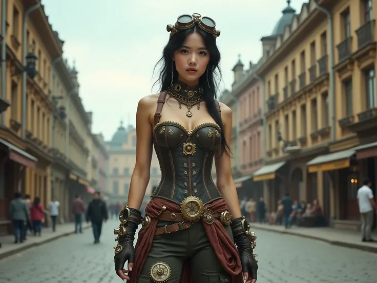 
A cinematic shot of a Korean woman in steampunk attire. She wears a corset with gears and cogs, cargo pants with steampunk designs, and a crown-like headpiece with multiple goggles. She also wears gloves with mechanical embellishments. The background is a...