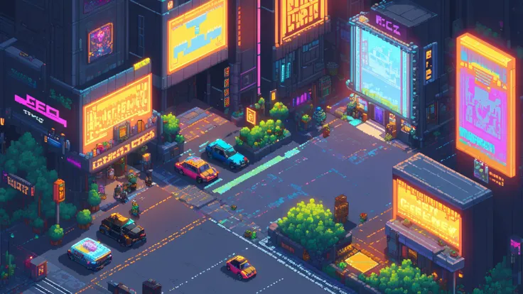 ((Top view: 1.3,  cyberpunk: 1.2, street: 1.1), 2D Game Style, Pixel art style, transparency, Strong colors, lamp, Roads and cars are full of life, Unique charm! )An empress in a transparent dress