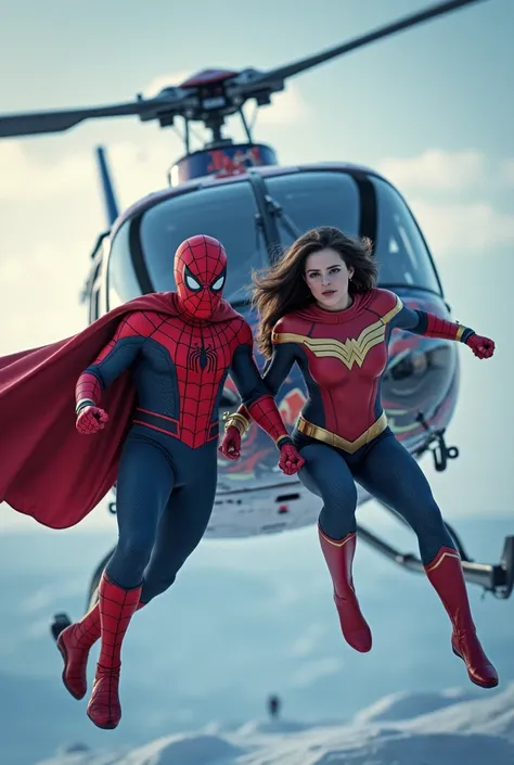 Spider-Man and Superwoman driving at big luxury helicopter that have Spider-Man picture on the helicopter while smiling at snow place and make sure the camera is outside of the helicopter 