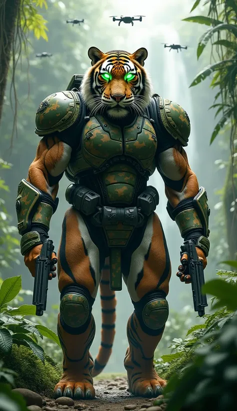 "Create a hyper-realistic image of a gigantic, anthropomorphic tiger wearing high-tech jungle combat armor, complete with camouflage patterns and glowing green visors. The tiger carries dual futuristic pistols and has a machete strapped to its thigh. The s...