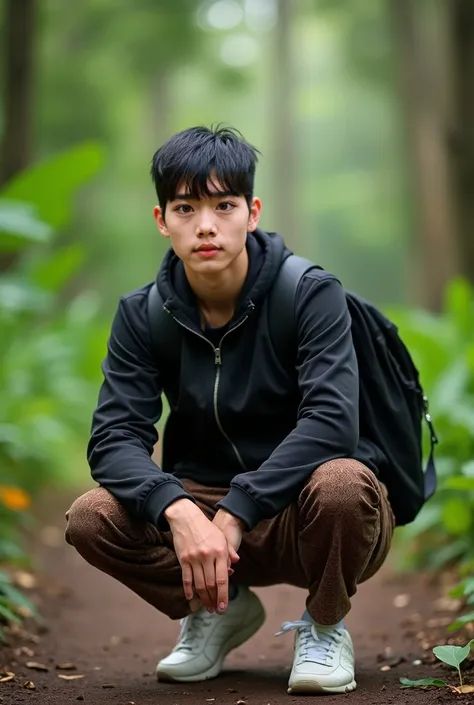 Real human. Photo, bodynfacung forward, Aziz is Indonesian young man, medium body, short straight black hair, white skin, black expressive eyes, medium body, wearing zipped up  black jacket, brown batik motive  pant,, white football shoes, carrying black b...