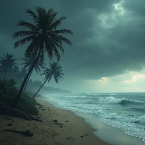 deserted sea beach with palm trees on a day of rain and thunder