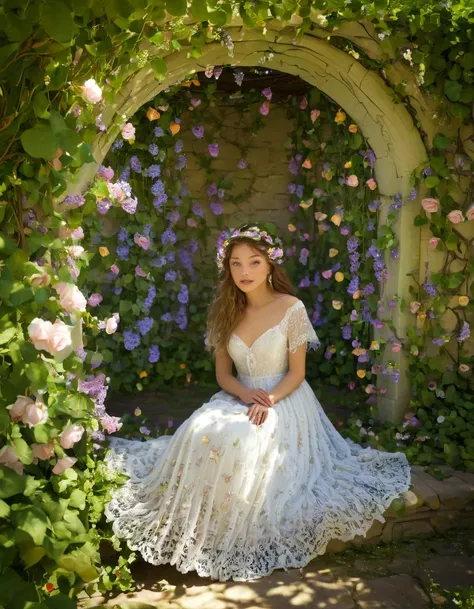 A secret garden ,  hidden behind tall ivy walls ,  where beauty blooms in every corner .  The air is imbued with the sweet fragrance of roses and lilacs ,  while butterflies of vibrant colors dance among the flowers . in the center,  a young woman in a whi...