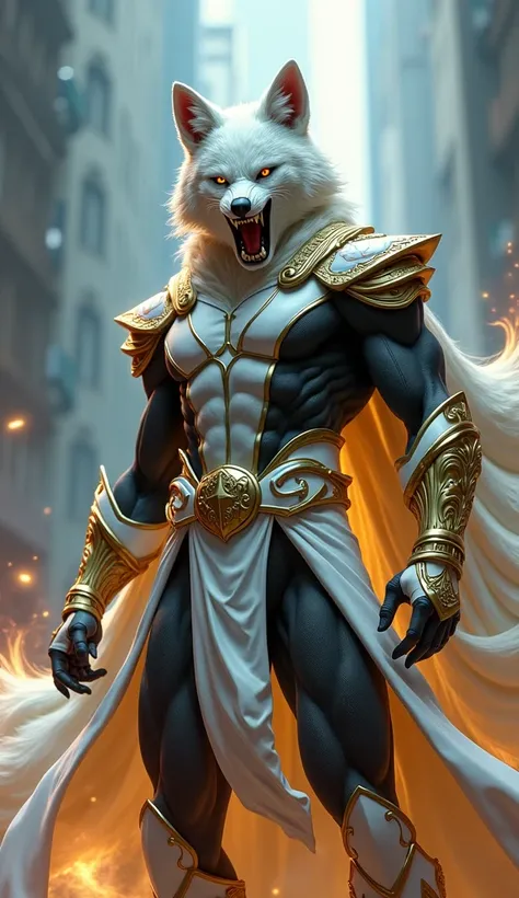 Moon Knight Marvel with a furious and roaring white fox head  