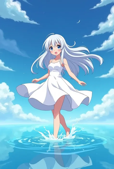 La Blanca  ,   the animated series of the anime series,  anime visual of a cute girl ,  art style anime moe , Anime girl walking on water,   white dress  !! with silver hair, the anime girl is running, anime cel shaded, ( ( ( anime ) ) ), best anime girl, ...