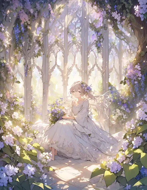 A secret garden ,  hidden behind tall ivy walls ,  where beauty blooms in every corner .  The air is imbued with the sweet fragrance of roses and lilacs ,  while butterflies of vibrant colors dance among the flowers . in the center,  a young woman in a whi...