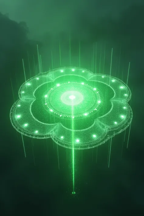 Make the circle of shields with spears like a phalangue formation without humans that are floating made of green energy 
