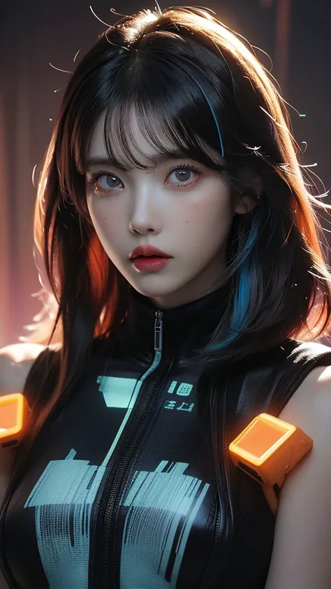 (masterpiece, highest quality, highest quality, Official Art, beautifully, aesthetic:1.2), Staring at the viewer, Portrait Photography, (Cyberpunk beautiful girl 1 person), Big iridescent eyes, Beautiful skin, (Pink and blue long hair with bangs), Very det...