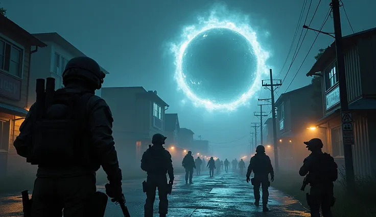  realistic, Night, modern soldiers in town are coming,  in the sky, a portal, a crater comes out of it 