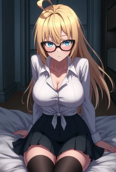 screenshot of my hero academia, light blonde hair,  bright blue eyes, (((oversized cat-eye glasses))), The shirt tied at the waist revealing her slim and curvy waist, white and beautiful skin, ((huge sexy breasts)), sitting in a bedroom, with his cold gaze...