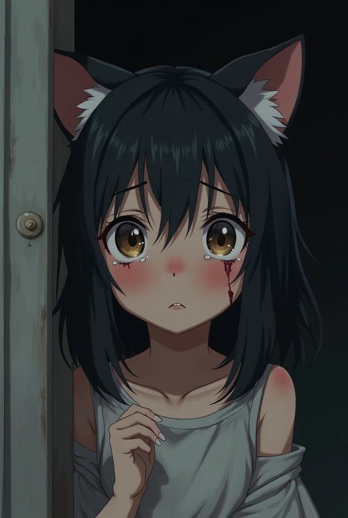 Make catgirl so young, , so scared, crying, Wounds on the face, anime style