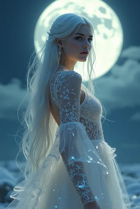 a beautiful woman with body made of crystals,long white hair,black eyes,full moon in the sky,detailed intricate clothing,photorealistic,ultra-detailed,8k,high quality,dramatic lighting,fantasy,surreal,mystical,ethereal