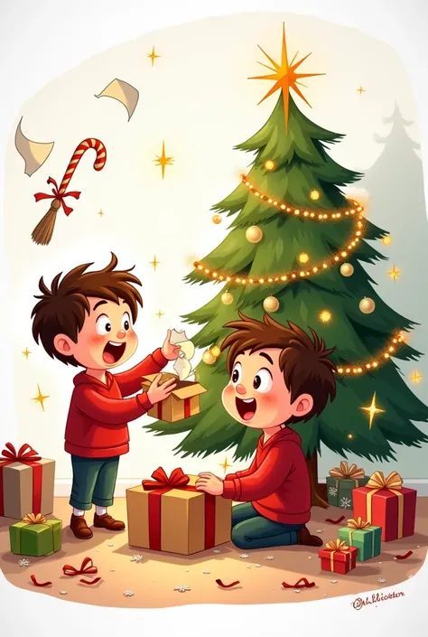 A cartoon-style Christmas scene of two ren excitedly opening presents by a twinkling Christmas tree: one  tears open a box, tossing wrapping paper into the air, while the other looks wide-eyed at a toy broomstick they’ve just unwrapped. The tree is decorat...