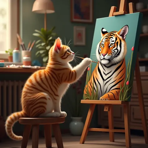 "A cozy, artistic room with soft ambient lighting. A playful orange tabby cat sits on a wooden stool, facing a canvas on an easel. The canvas shows a detailed, realistic painting of a fierce tiger. The cat holds a paintbrush delicately in its paw, as if ac...