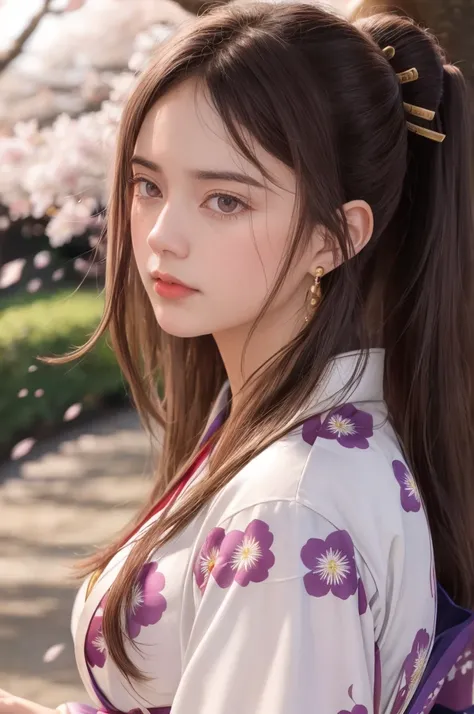 a beautiful detailed girl with long dark hair, mesmerizing eyes, elegant facial features, wearing a traditional Japanese kimono, standing in a lush, vibrant garden with cherry blossom trees, ultra-detailed, 8k, photorealistic, dynamic lighting, cinematic c...