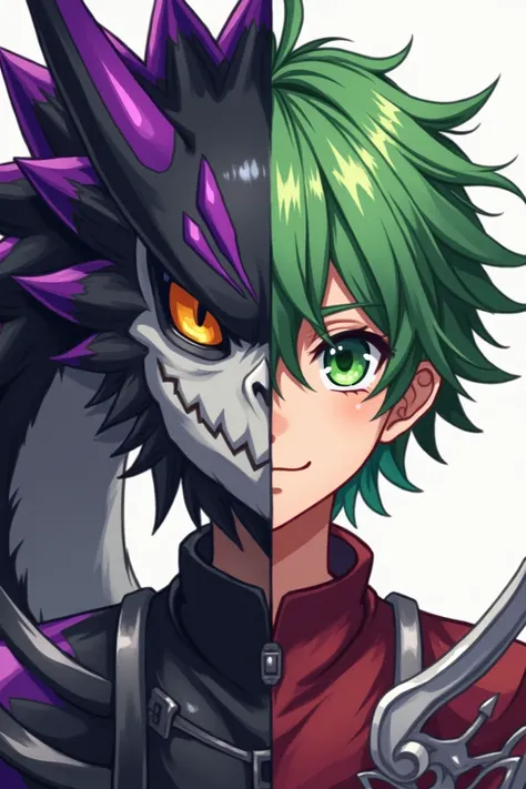 Create an anime-style image half on one side A green-haired boy with green eyes wearing a burgundy shirt and armor and on the other side A black and white dragon with the white part of the is purple and the pupil is yellow