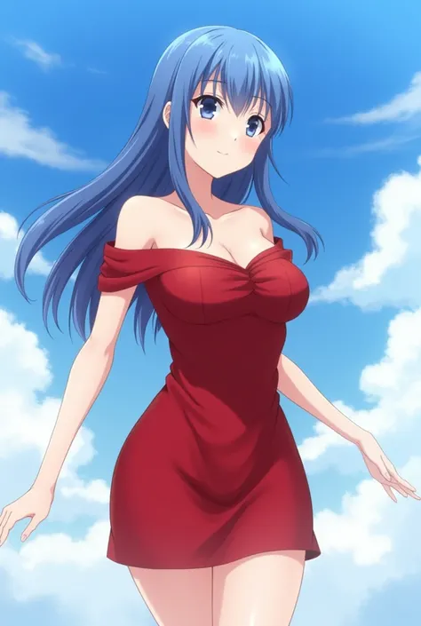 masterpiece, best quality, highest quality, photorealistic, perfect anatomy, perfect face, perfect eyes, marondballz, blue hair, 1girl, solo, breasts, sky, cloud, cleavage, blue sky, blue eyes, medium breasts, day, smile, red dress, tight dress, off should...