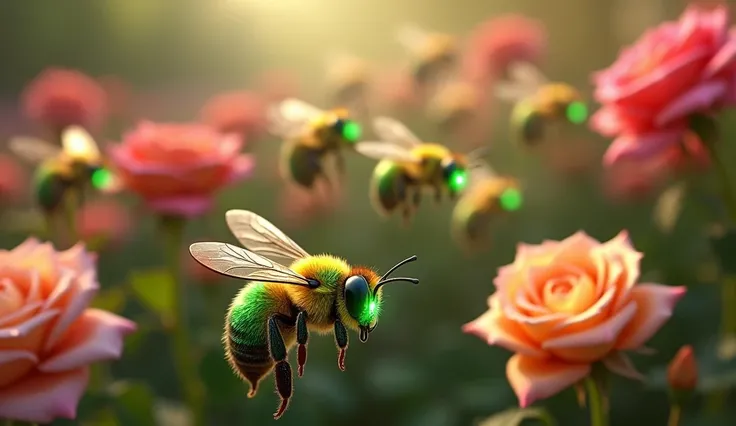 Some green honeybees with green eyes flying in a rose garden ai image