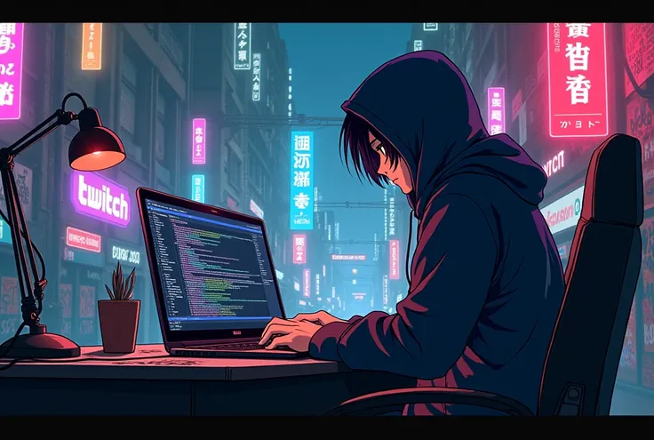 anime man in hoodie sitting at a desk with a laptop, cyberpunk art inspired by Taiyō Matsumoto, featured on pixiv, graffiti, cyberpunk anime girl in hoodie, ig studios anime style, twitch streamer, streaming on twitch, cyberpunk hacker, oppai cyberpunk, xq...