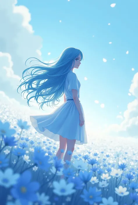 (absurdres, highres, ultra detailed, UHD, cinematic), solo, 1girl, mature, happy, girl standing in light blue flower field, light blue flower petal surrounding girl, full body, blue long hair girl, light blue hair, fantasy, dreamy, snowy, official art, pop...