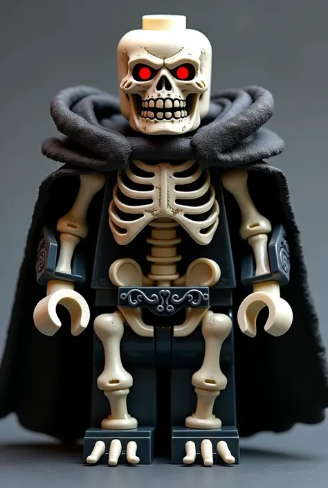 Create a front-facing LEGO representation of Zharathar, the Skeletal Lord. His skeletal body is pale white with dark, aged bone, giving him an eerie, decayed appearance. His skull is adorned with intricate details, with glowing red eyes and sharp, intimida...