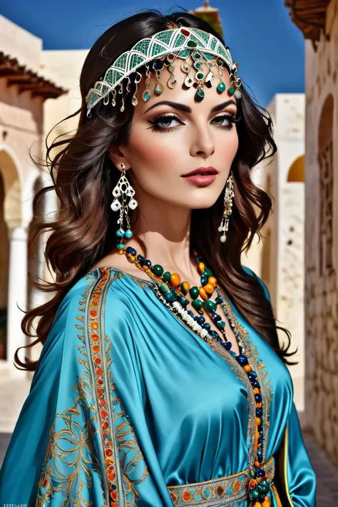 long plan photo professionnelle de paysage de (art de Deborah Azzopardi) Jolie Femme,  bijoux, Caftan marocain,  TazerzitXL, isni, coiffe, motif marocain fond., point de vue parfait, très détaillé, Objectif grand angle, hyper réaliste, avec un ciel dramati...