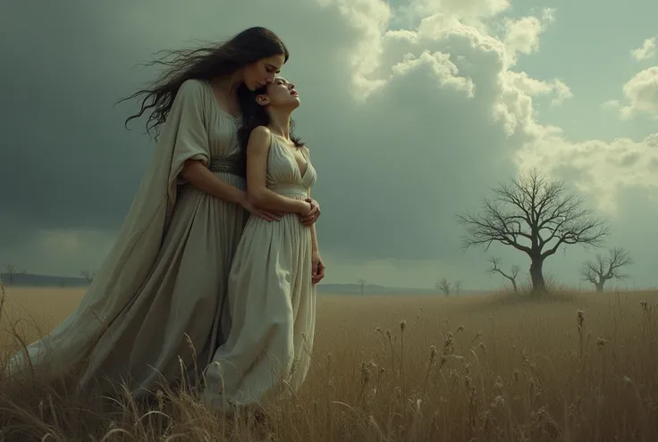 It creates a sad image where Persephone and his mother Demeter say goodbye ,  in a withered field and they are crying its cloudy and Demeter is sad and there are wind and trees without leaves 