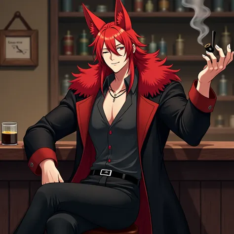 (solo male:1.3), (adult:1.2), (red long hair:1.05), (red fox ears:1.15), (closed eyes:1.2), (calm smile:1.15), (black coat with red fur:1.2), (muscular torso:1.2), (black trousers:1.1), (black hand on hand:1.2), (sitting at the tavern, bar counter:1.1), (e...