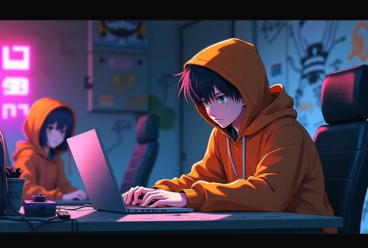 anime man in hoodie sitting at a desk with a laptop, cyberpunk art inspired by Taiyō Matsumoto, featured on pixiv, graffiti, cyberpunk anime girl in orange hoodie, ig studios anime style, vendetta mask, twitch streamer, streaming on twitch, cyberpunk hacke...