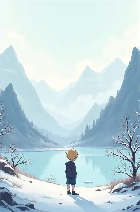 Create a background image for a mobile phone that should show a winter landscape In this winter landscape, there should be a blond boy standing with his back to the viewer