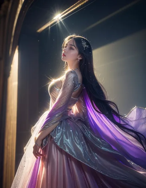 8k,  ultra high resolution, masterpiece,  best quality, whole body,  1 girl, (( realistic face)), Happy Pace ,  very long hair, Big breasts, embellished princess dress, very beautiful Decorations dress, Shiny Purple, ((Glowing Dress,  Mesh Cape Flowing , s...