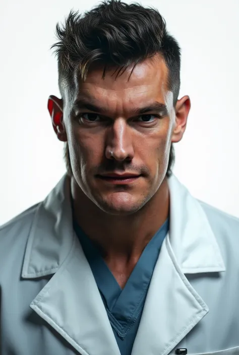 professional portrait of a brutal man , on a white background in a medical white coat, 