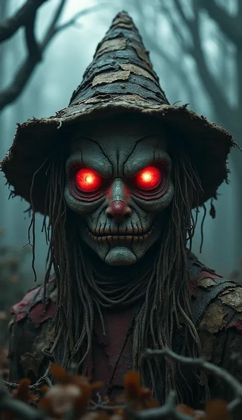 An 8k, full UHD, full colorful, full HDR effects, full palette of colors, light, shadows, contrasts, saturation, texture, and highlights photo of a dark fantasy scene with a sinister, malevolent, and tyrannical scarecrows face. The scarecrow has vibrant re...