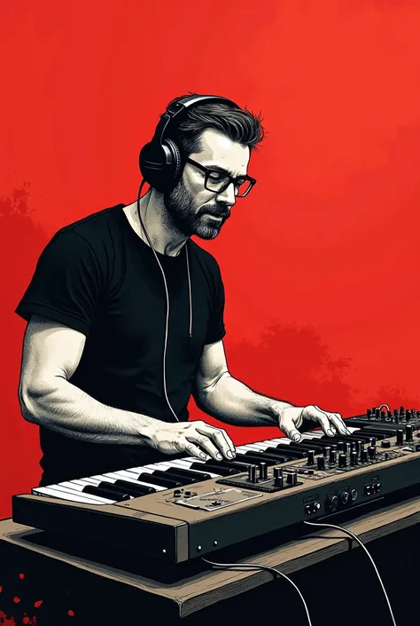  40-year-old music producer man .,(Theres a mediocre weight ), glasses,  sitting at a desk with a keyboard and headphones, Keyboardist,  music and ,  art stations ,  art station trending ,  playing a keyboard , Playing techno house music,  amazing illustra...