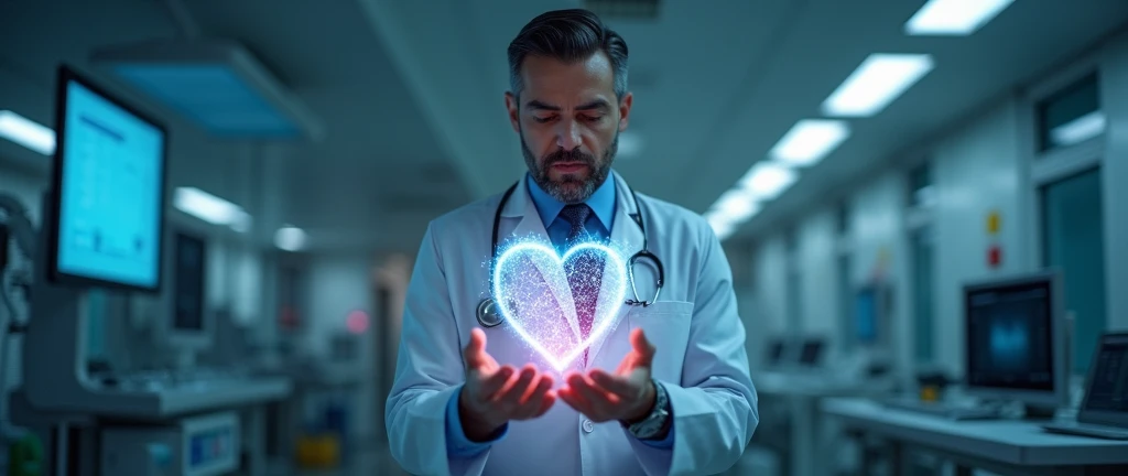  A doctor is holding a heart in his hands with a digital interface,  digital medical equipment , digitally enhanced image , advanced technology, endless collaboration with AI ,  digital health ,  blurry ambient background image of hospital , Incredibly com...